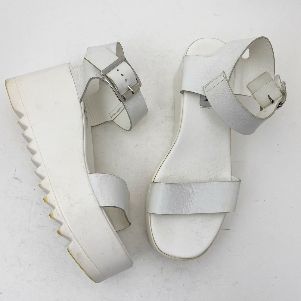 Steve Madden Lake White Leather Wide‎ Strap Platform Wedge Sandals Womens Size 9